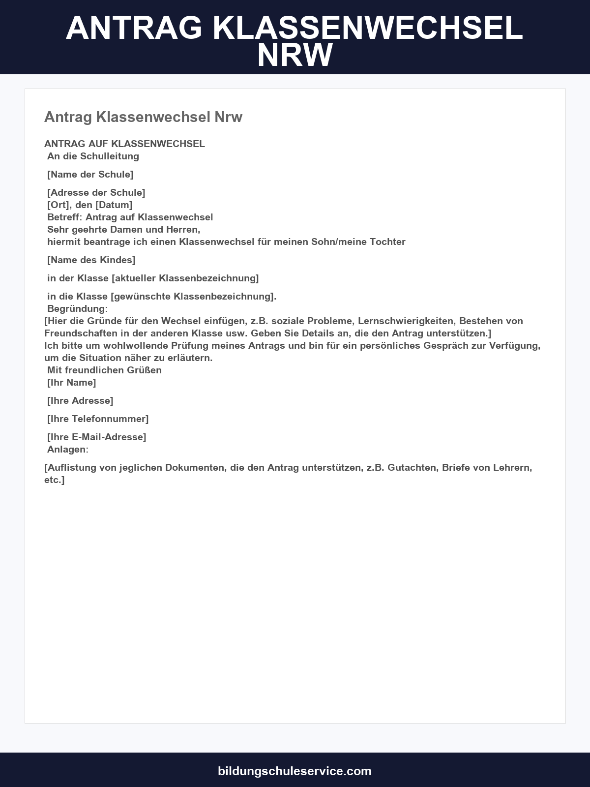 Antrag Klassenwechsel Nrw