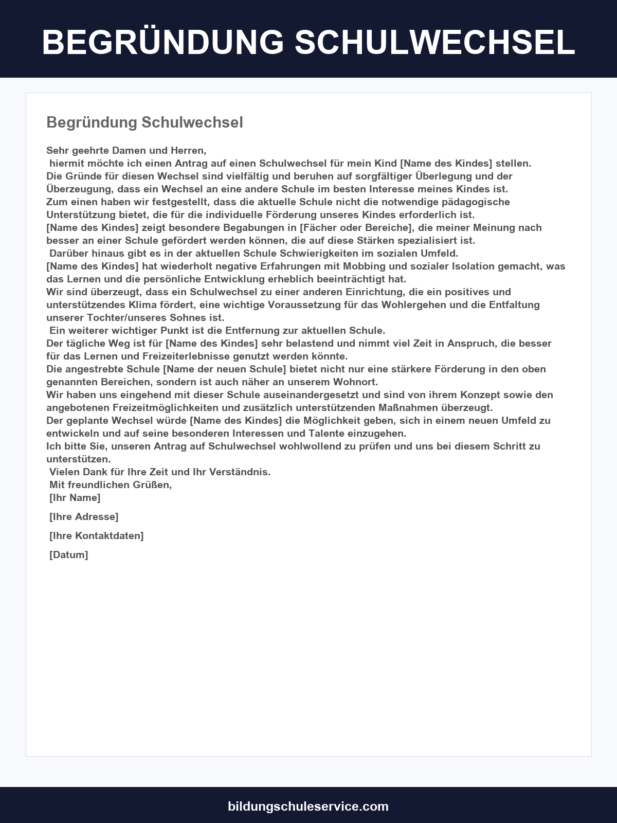 Begründung Schulwechsel Muster