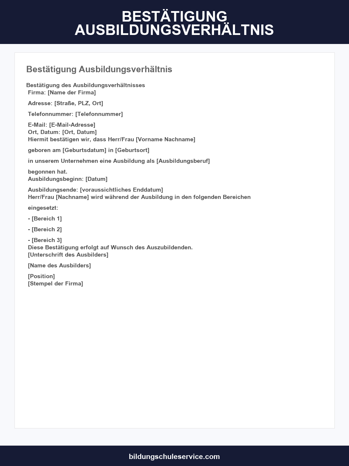 Bestätigung Ausbildungsverhältnis Vorlage