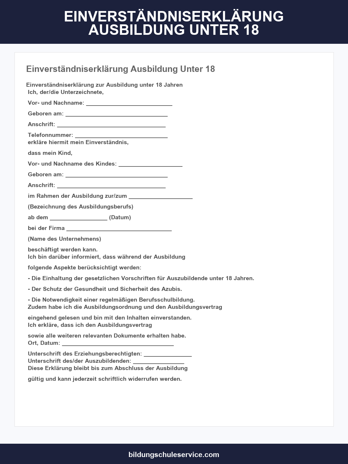 Einverständniserklärung Ausbildung Unter 18