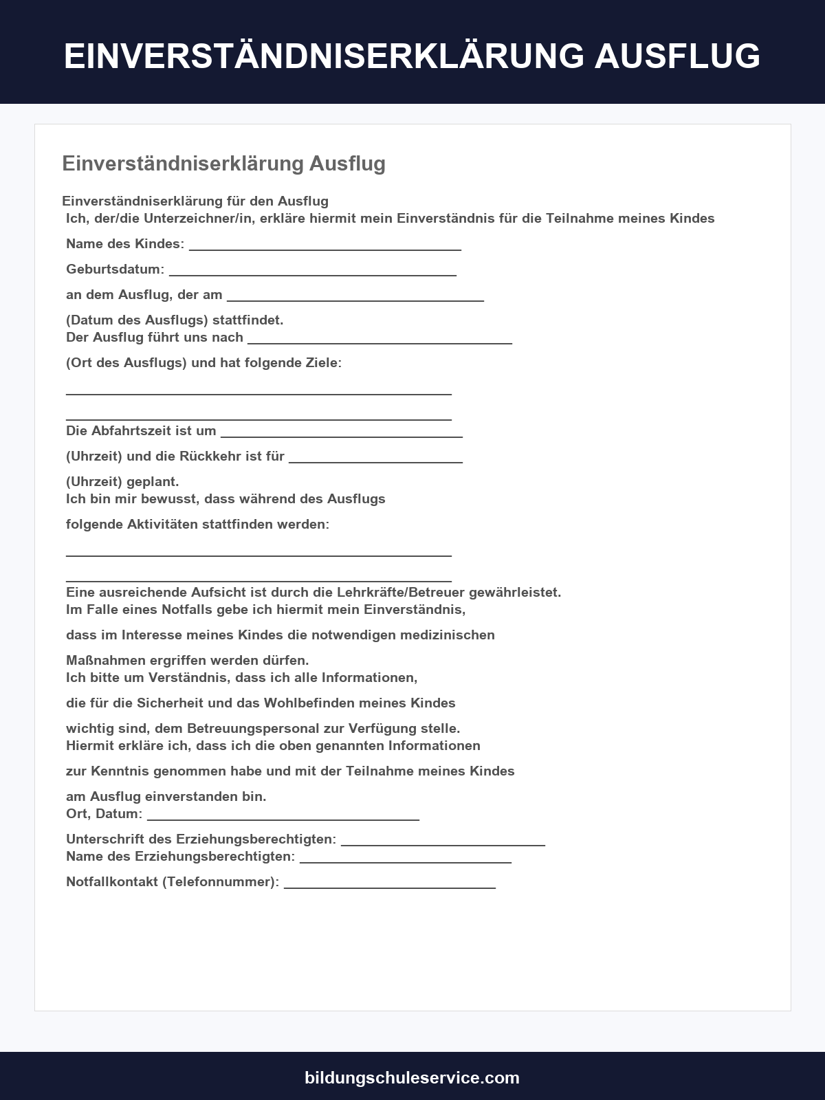 Einverständniserklärung Ausflug Vorlage