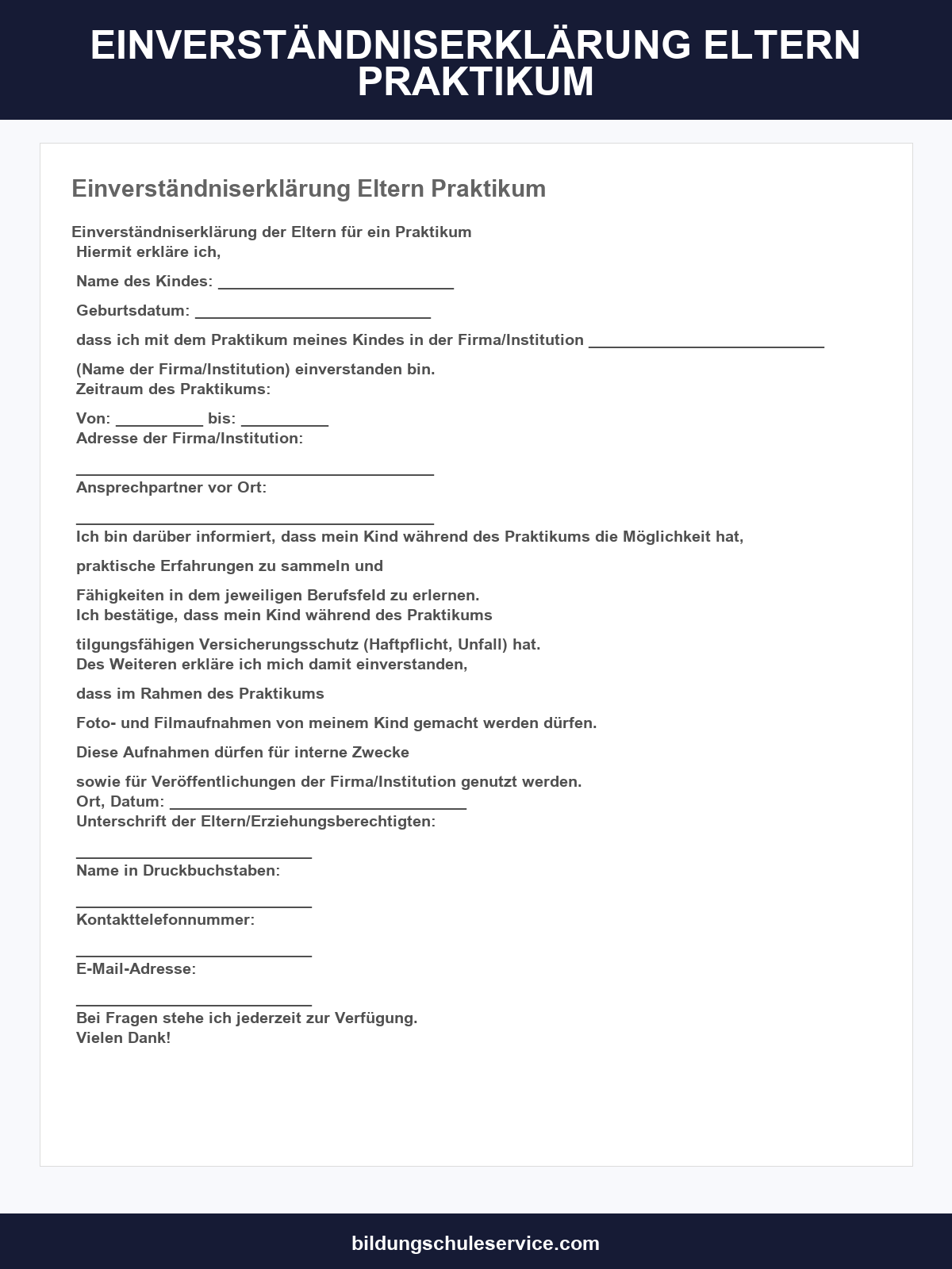 Einverständniserklärung Eltern Praktikum Vorlage