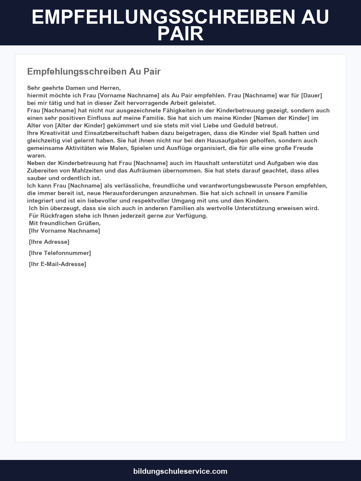 Empfehlungsschreiben Au-Pair Muster