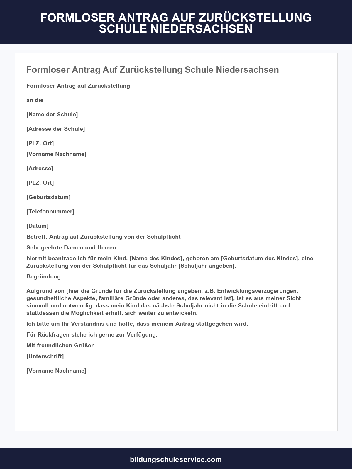 Formloser Antrag Auf Zurückstellung Schule Niedersachsen
