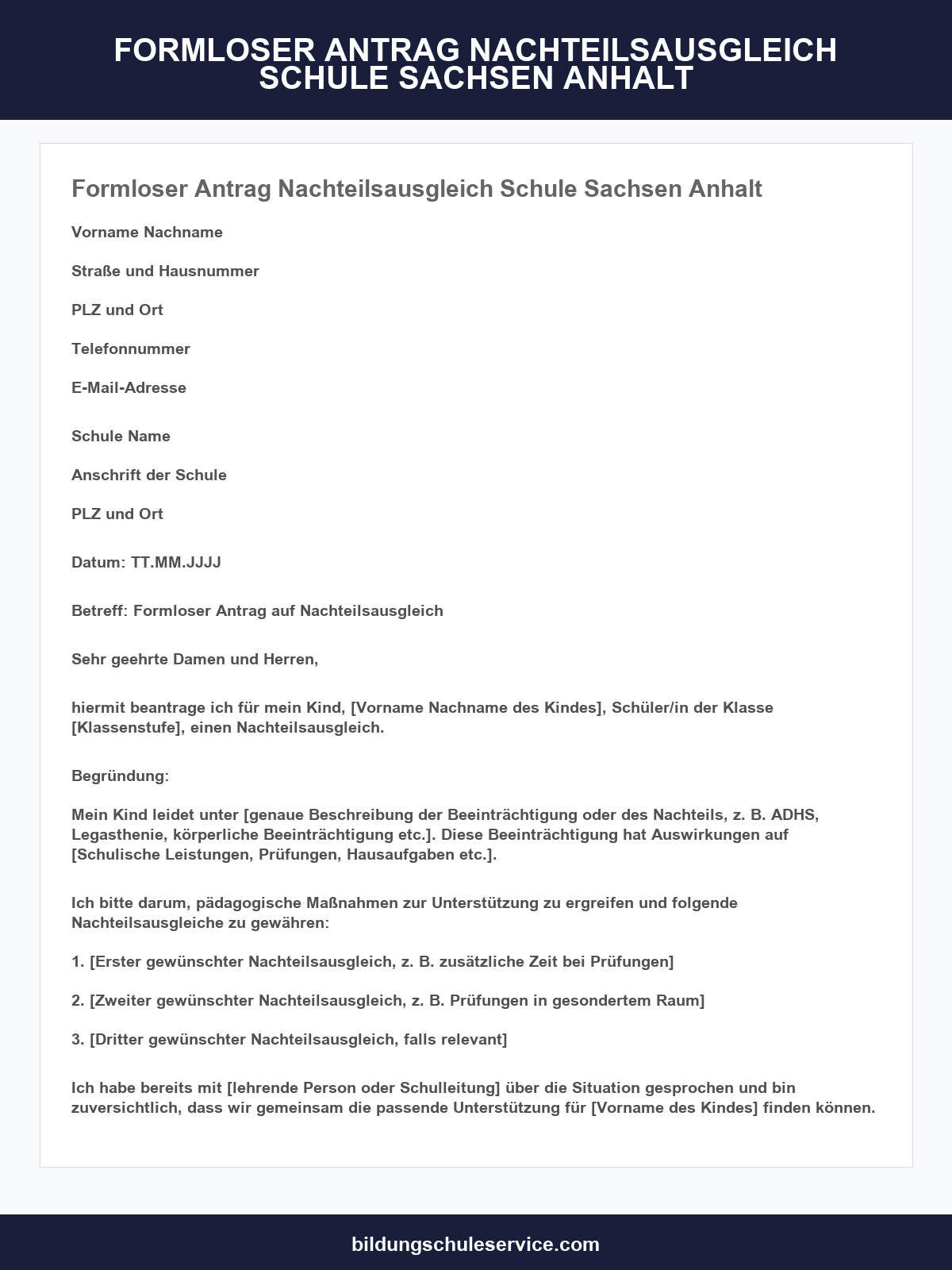 Formloser Antrag Nachteilsausgleich Schule Muster Sachsen-Anhalt