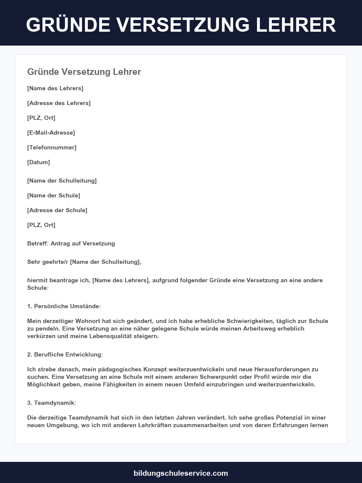 Gründe Versetzung Lehrer Formulierung