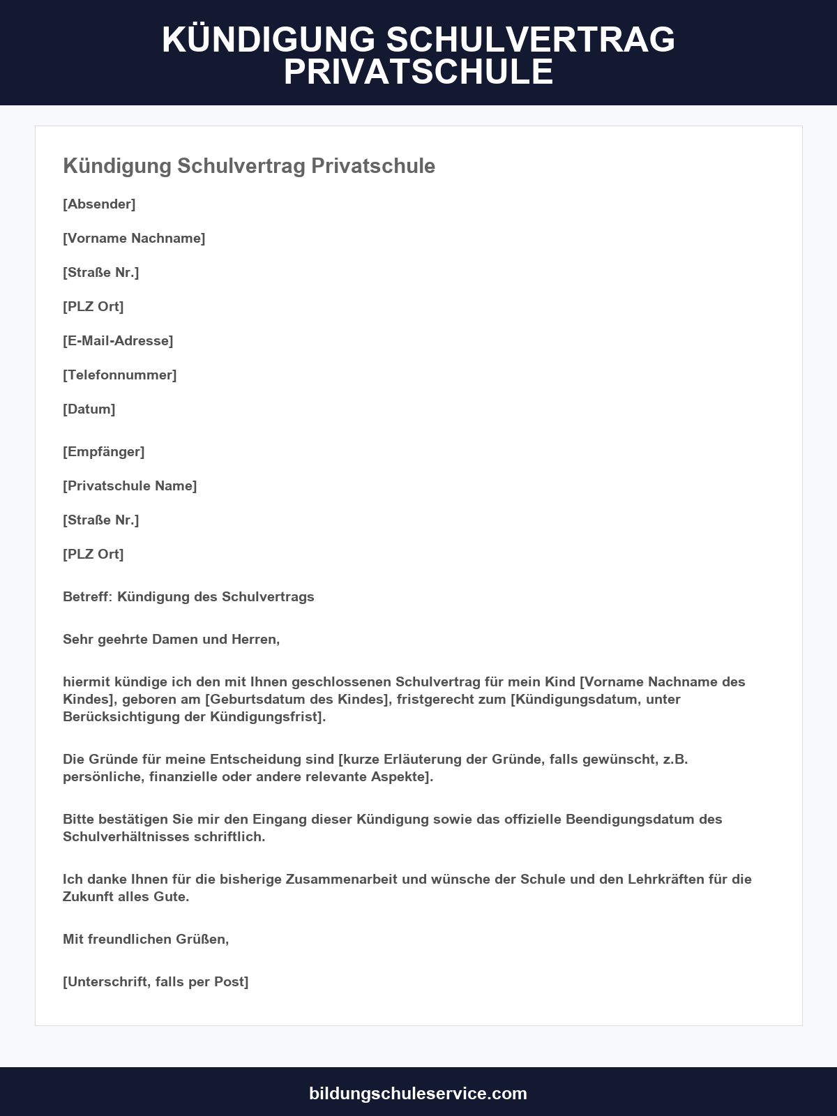 Kündigung Schulvertrag Privatschule Vorlage