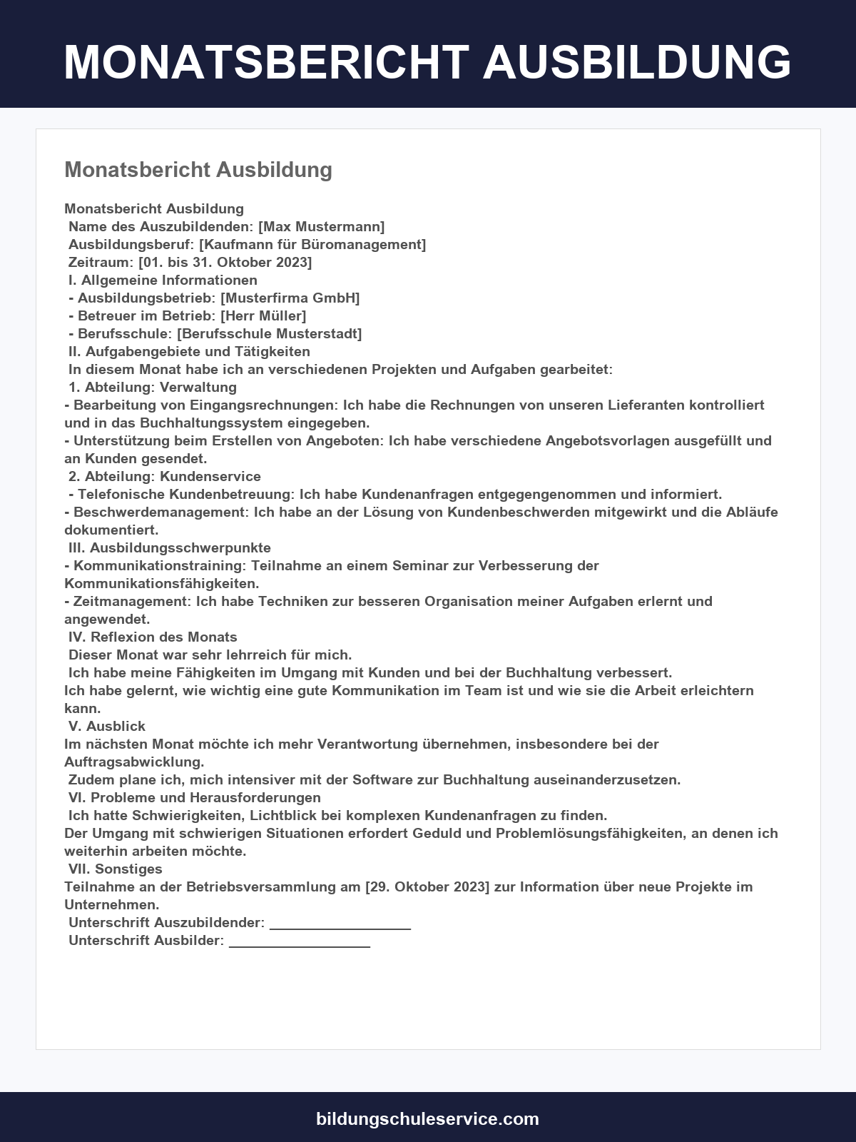 Monatsbericht Ausbildung Vorlage