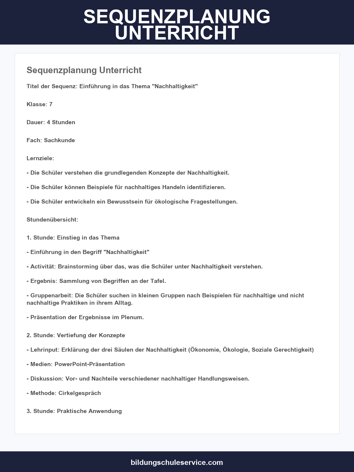Sequenzplanung Unterricht Vorlage