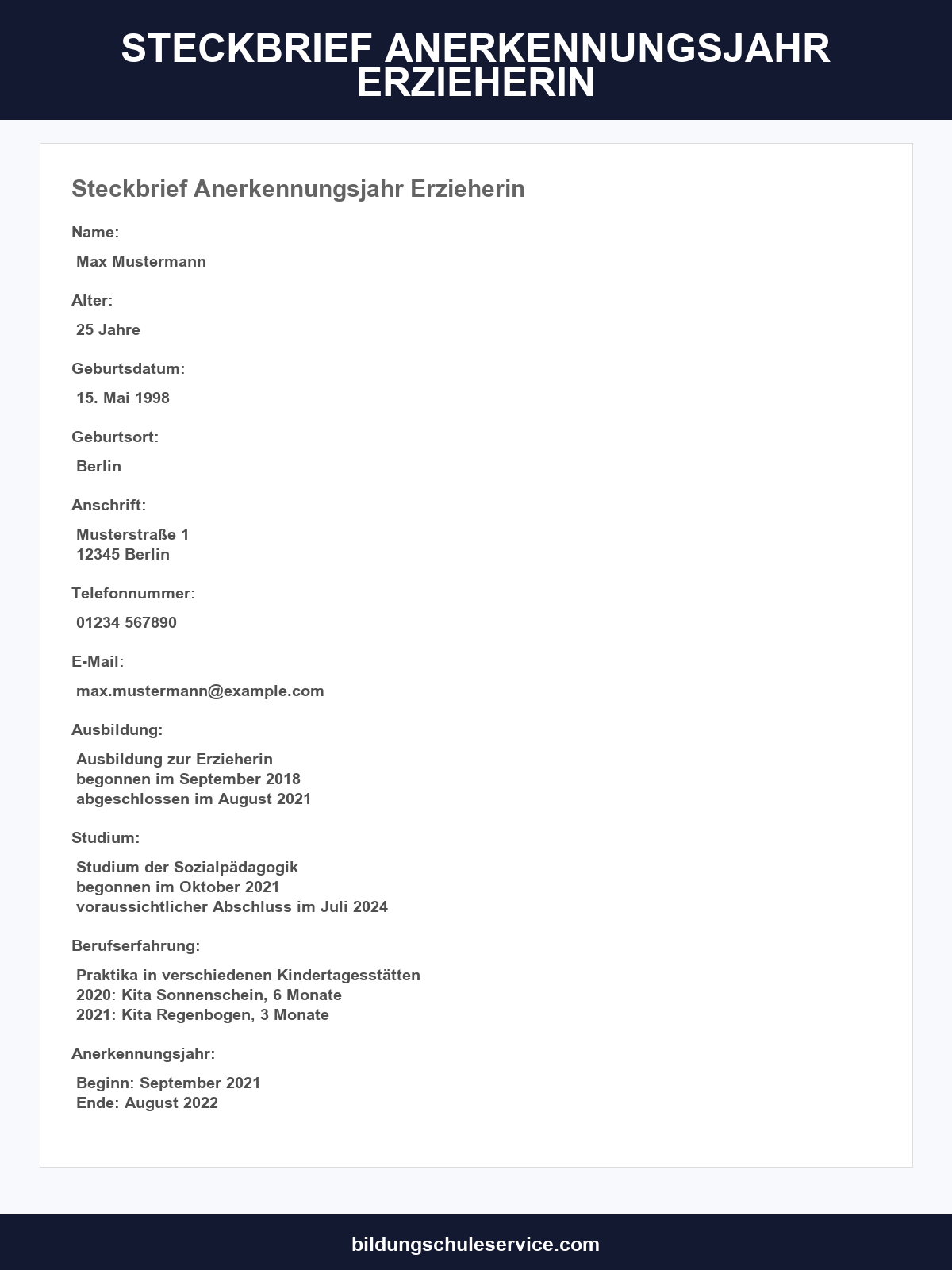 Steckbrief Anerkennungsjahr Erzieherin