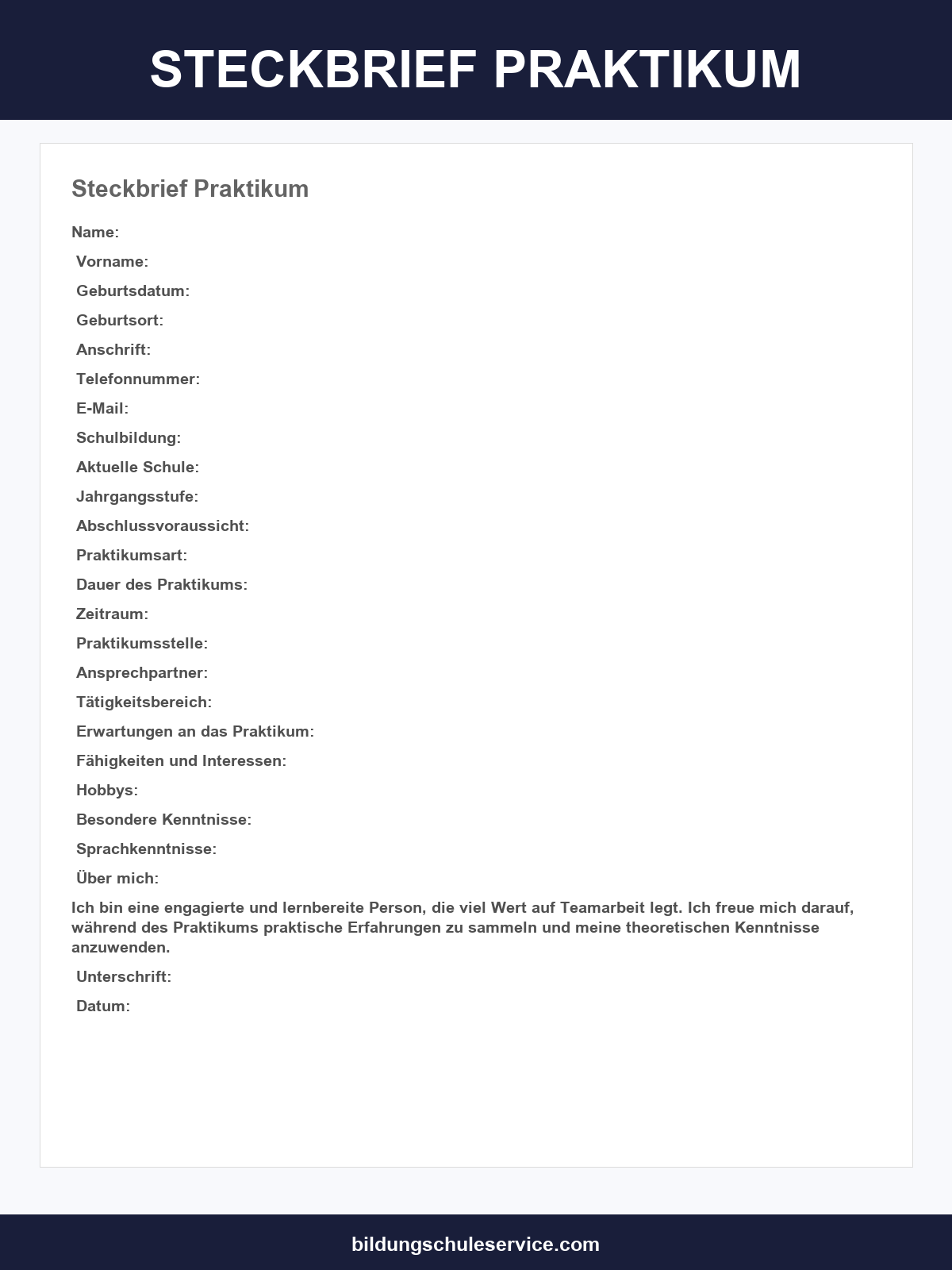 Steckbrief Praktikum Vorlage