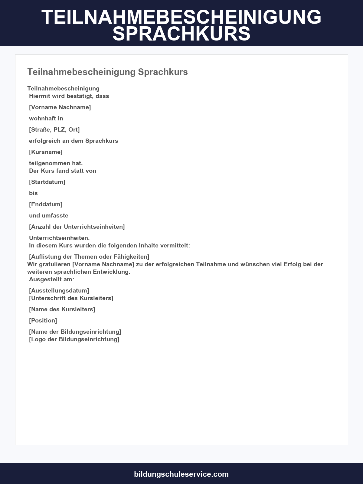 Teilnahmebescheinigung Sprachkurs Muster