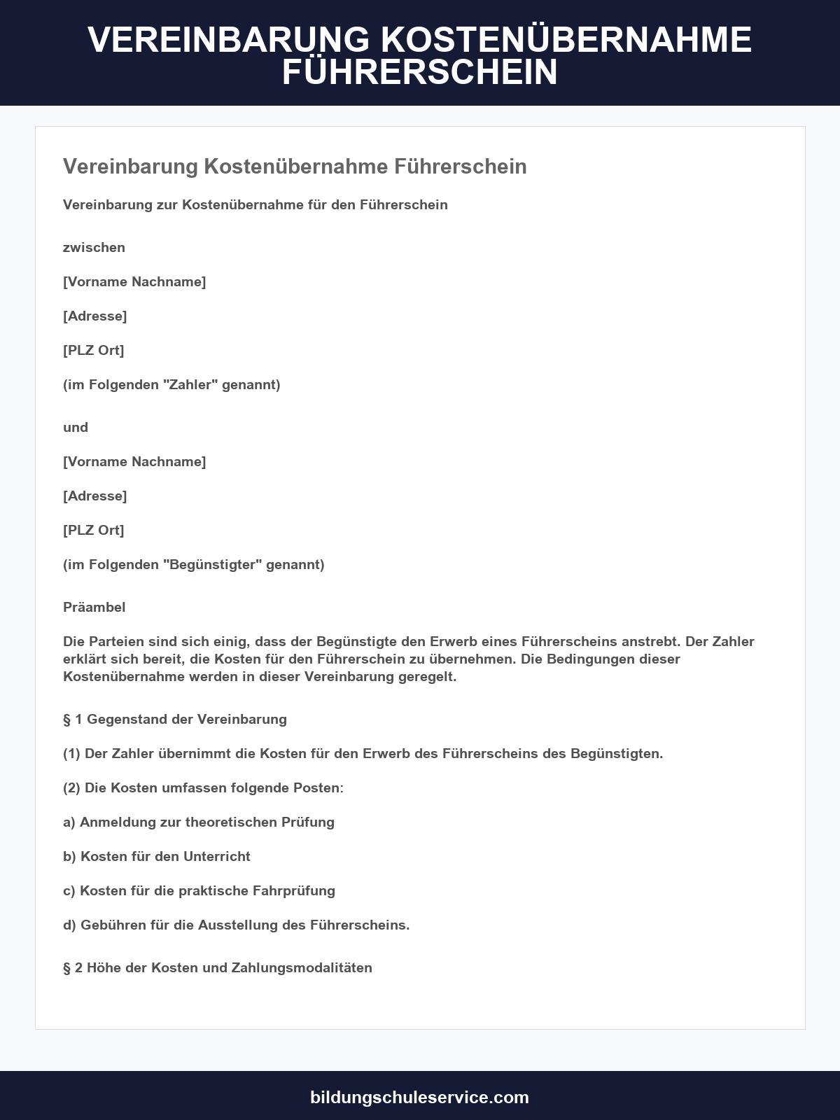 Vereinbarung Kostenübernahme Führerschein Muster